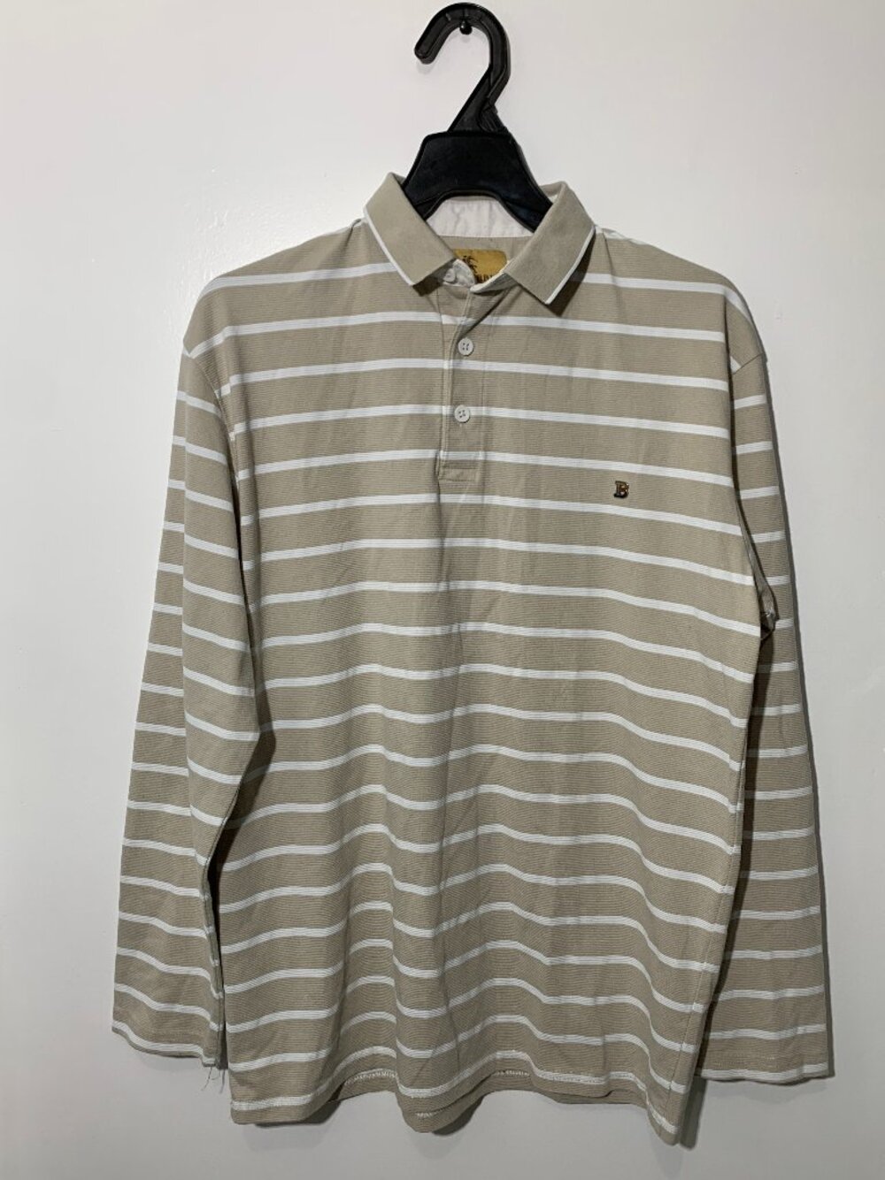 Burberry London Long Sleeve Polo Shirt Men XXL Tan White Striped Embroidered B